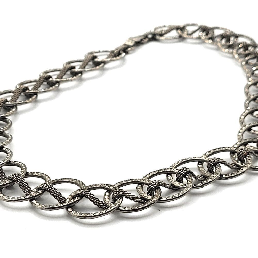 Vintage Chunky Silver Flat Band Circular Detail Necklace 16in